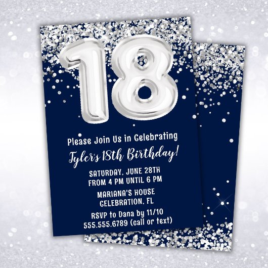 Invitation Navy Blue Silver 18e fête d'anniversaire