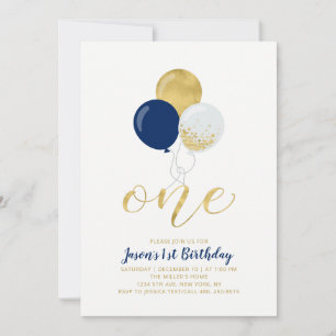 Invitation Navy Blue & Silver Balloons   One 1st Boy Birthday