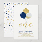 Invitation Navy Blue & Silver Balloons | One 1st Boy Birthday (Devant / Derrière)