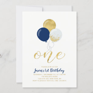 Invitation Navy Blue & Silver Balloons One 1st Boy Birthday