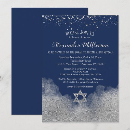 Invitation Navy Blue Silver Bar Mitzvah (Devant / Derrière)