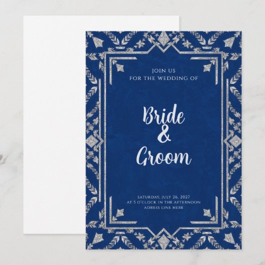Invitation Navy Blue Silver Botanical Snowflake Winter (Devant / Derrière)