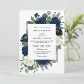 Invitation Navy Blue Silver Elegant Floral QR Code Wedding (Debout devant)