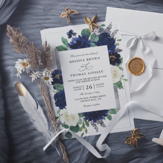 Invitation Navy Blue Silver Elegant Floral QR Code Wedding
