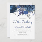 Invitation Navy Blue Silver Floral 70e fête d'anniversaire (Devant)