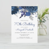 Invitation Navy Blue Silver Floral 70e fête d'anniversaire (Debout devant)