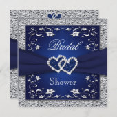 Invitation Navy Blue, Silver Floral, Hearts Fête de l'mariée (Devant / Derrière)
