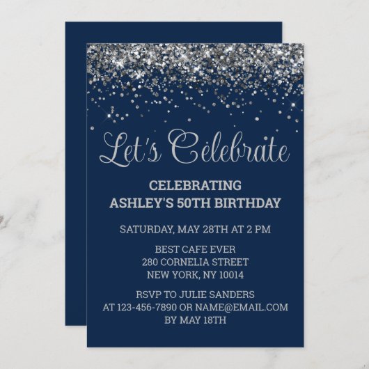 Invitation Navy Blue & Silver Glitter 50th Birthday Party (Devant / Derrière)