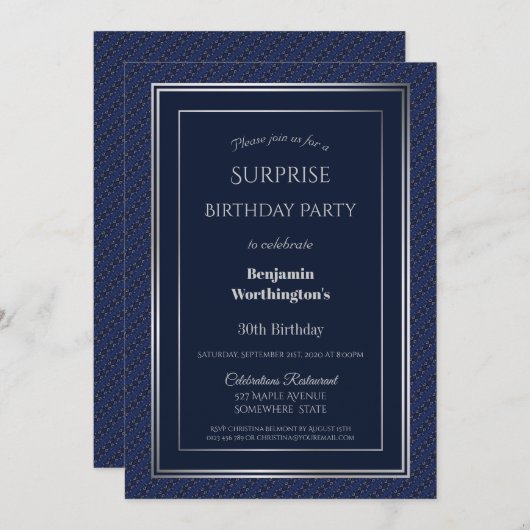Invitation Navy Blue Silver Surprise 30e fête d'anniversaire (Devant / Derrière)