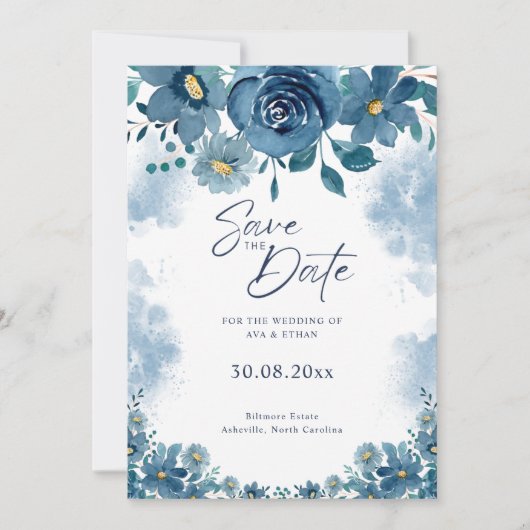 Invitation Navy Blue Smoke Floral Wedding Save The Date (Devant)