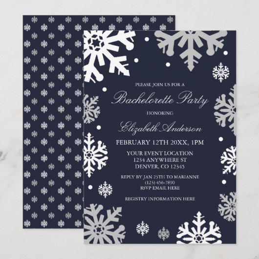 Invitation Navy Blue Snowflakes Winter Bachelorette Party (Devant / Derrière)