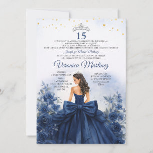 Invitation Navy Blue Spanish Princess Florale Douce 15 Ans