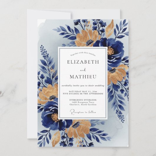 Invitation Navy Blue Stately Botanical Wedding (Devant)