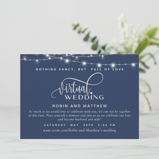 Invitation Navy Blue, String Lights, Mariage virtuel en ligne (Debout devant)