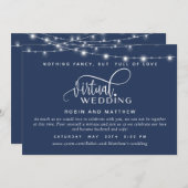 Invitation Navy Blue, String Lights, Mariage virtuel en ligne (Devant / Derrière)