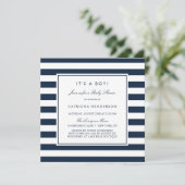 Invitation Navy Blue Stripes C'est un Baby shower garçon (Debout devant)