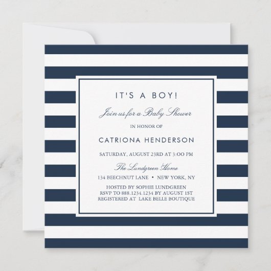 Invitation Navy Blue Stripes C'est un Baby shower garçon (Devant)