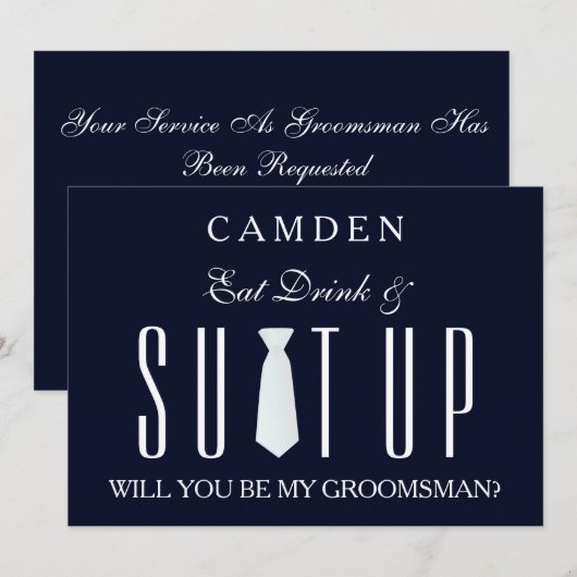 Invitation Navy Blue Suitup Serez-vous mon groom ? (Devant / Derrière)
