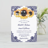 Invitation Navy Blue Sunflower Floral Lace Rustic Wedding (Debout devant)