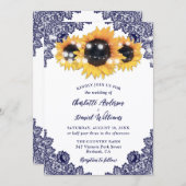 Invitation Navy Blue Sunflower Floral Lace Rustic Wedding (Devant / Derrière)