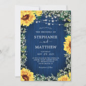 Invitation Navy Blue Sunflower Lights Rustic Wedding (Devant)