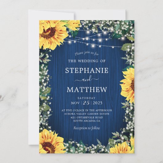 Invitation Navy Blue Sunflower Lights Rustic Wedding (Devant)