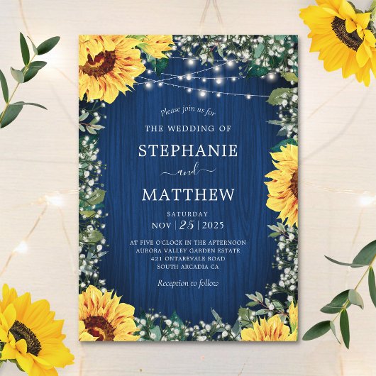 Invitation Navy Blue Sunflower Lights Rustic Wedding