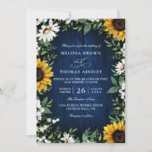 Invitation Navy Blue Sunflower Rustic Budget QR Code Wedding (Devant)