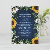 Invitation Navy Blue Sunflower Rustic Budget QR Code Wedding (Debout devant)