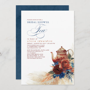 Invitation Navy Blue Terracotta Floral Fête des mariées Thé
