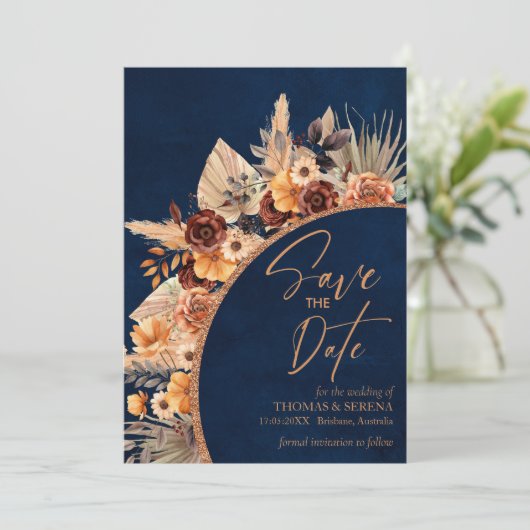 Invitation Navy Blue & Terracotta QR Code Enregistrer La Date (Debout devant)