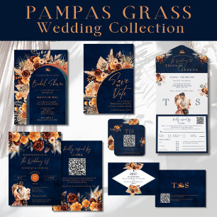 Invitation Navy Blue & Terracotta QR Code Enregistrer La Date
