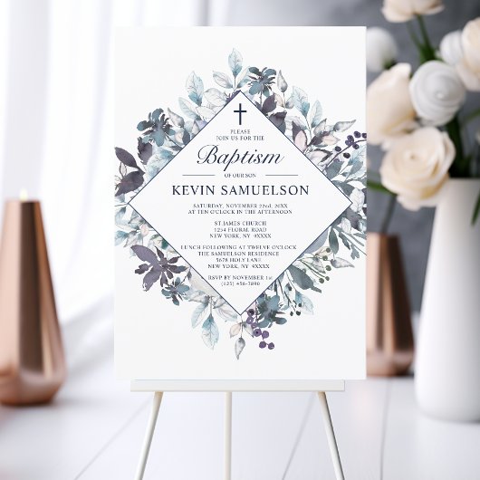 Invitation Navy Blue Watercolor Baptism Christening Boy