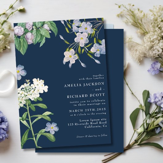Invitation Navy blue watercolor wildflowers classic wedding