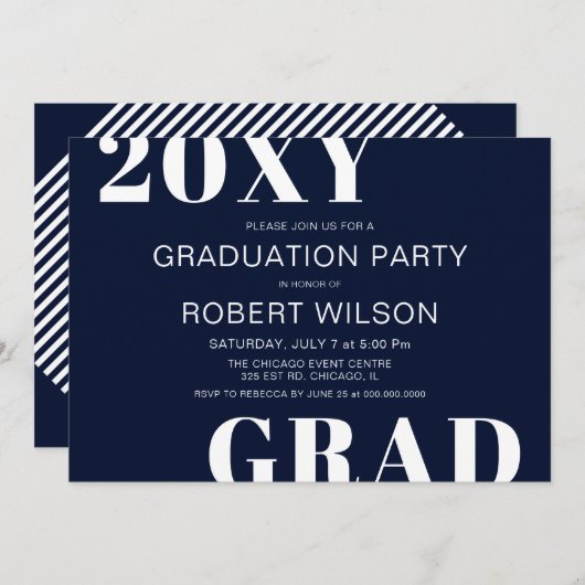 Invitation Navy Blue White Bold Typographie Parti de graduati (Devant / Derrière)