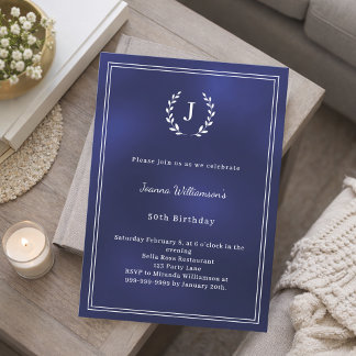 Invitation Navy blue white monogrammed wreath birthday