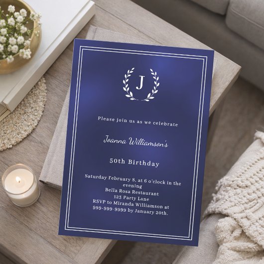 Invitation Navy blue white monogrammed wreath birthday