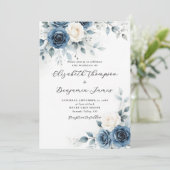 Invitation Navy Blue White Romantic Watercolor Floral Wedding (Debout devant)