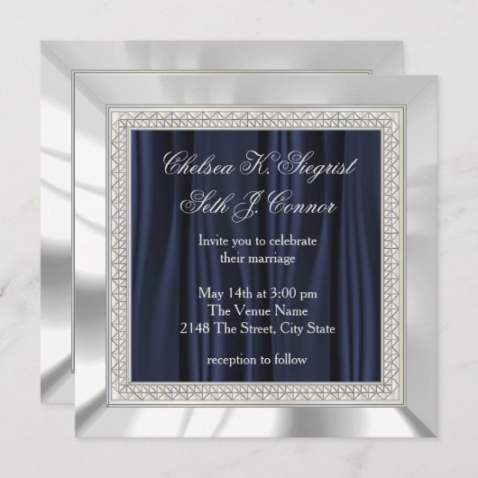 Invitation Navy Blue, White Satin et Silver Mariage (Devant / Derrière)