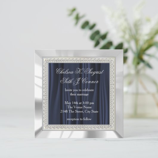 Invitation Navy Blue, White Satin et Silver Mariage (Debout devant)