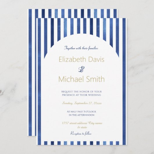 Invitation Navy Blue & White Stripes Coastal Nautical Design (Devant / Derrière)