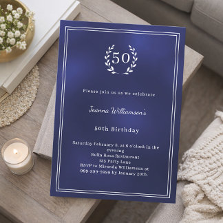 Invitation Navy blue white wreath minimalist birthday
