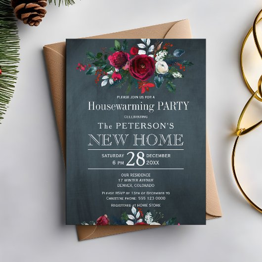 Invitation Navy Blue Winter Rustic Floral House Party