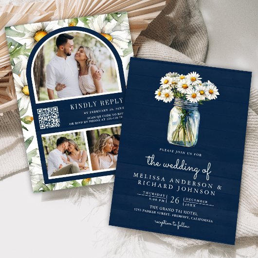 Invitation Navy Blue Wood Daisies Mason Jar QR Code Wedding