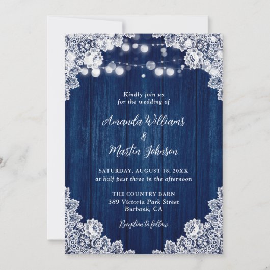 Invitation Navy Blue Wood Lace Romantic Rustic Chic Wedding (Devant)