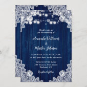 Invitation Navy Blue Wood Lace Romantic Rustic Chic Wedding (Devant / Derrière)
