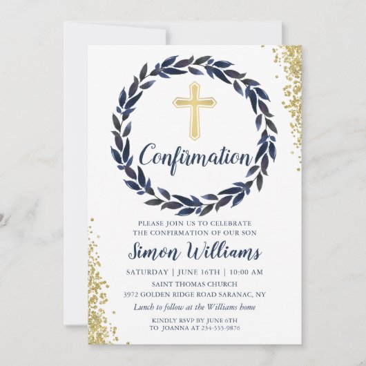 Invitation Navy Blue Wreath Gold Glitter Confirmation (Devant)