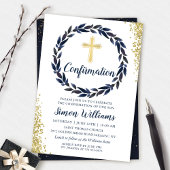 Invitation Navy Blue Wreath Gold Glitter Confirmation