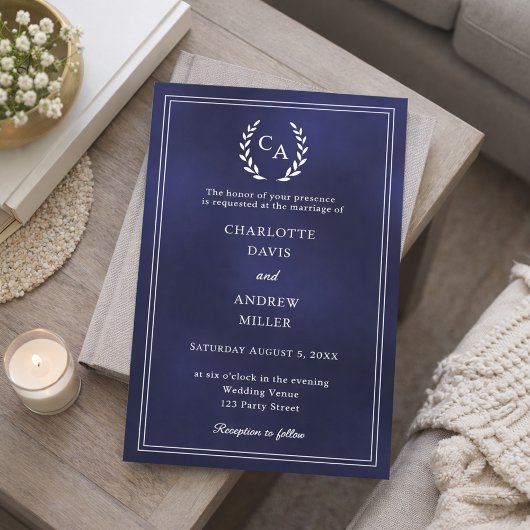 Invitation Navy blue wreath monogrammed simple wedding