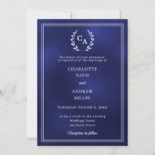 Invitation Navy blue wreath monogrammed simple wedding (Devant)